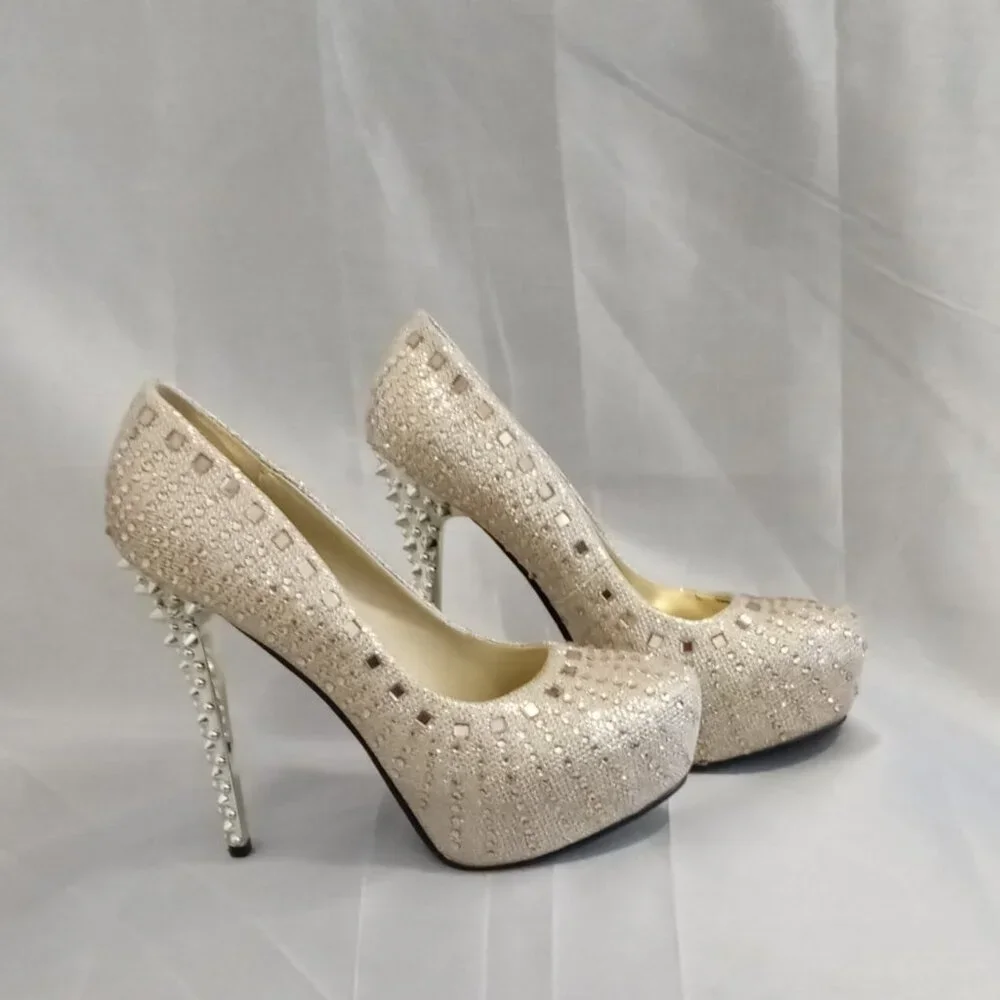 Champagne Rose Rhinestone Gold Spiked Heel 5 1/2in Platform Stiletto